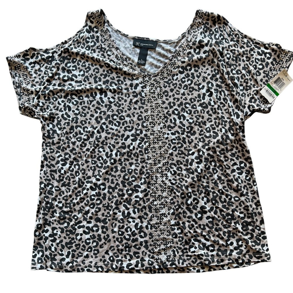 INC International Concepts Petite cold shoulder Leopard Studded‎ Top L NWT